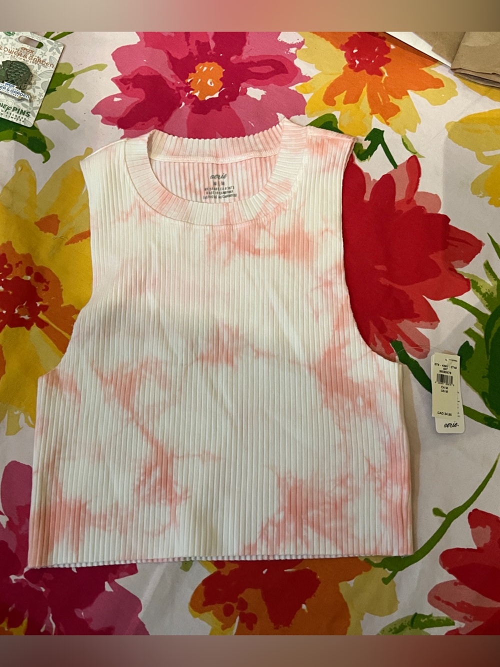 aerie Pink & White Ribbed Tie-Dye Tank Top